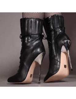 Giaro Black Ankle Boots With Ultra High Silver Metal Heels And Lacing -Urban Sole Shop giaro black ankle boots with ultra high silver met 2