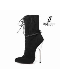 Giaro Black Suede Ankle Boots With Ultra High Silver Metal Heels And Lacing