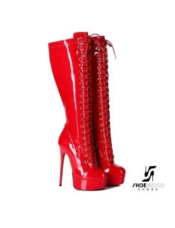 Giaro Red Shiny Lace-up Ultra "Galana MAHAUTE" Knee Boots -Urban Sole Shop giaro red shiny lace up ultra galana mahaute knee 4