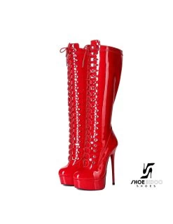Giaro Red Shiny Lace-up Ultra "Galana MAHAUTE" Knee Boots -Urban Sole Shop giaro red shiny lace up ultra galana mahaute knee 6