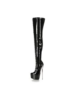 SLICK Black Platform Patent Thigh Boots With Ultra High Gold Metal Heels