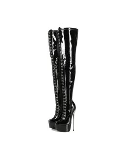 SLICK Black Platform Patent Thigh Boots With Ultra High Gold Metal Heels -Urban Sole Shop slick black platform patent thigh boots with ultra 6