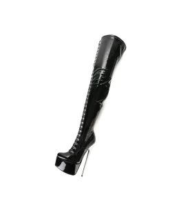 SLICK Black Platform Patent Thigh Boots With Ultra High Gold Metal Heels -Urban Sole Shop slick black platform patent thigh boots with ultra 7