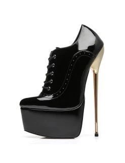 SLICK Black Shiny Giaro Ultra Fetish Platform Oxfords With Gold Heels
